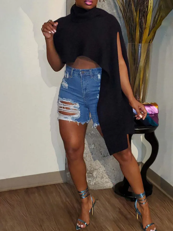 Sleeveless Turtleneck Asymmetrical Sweater