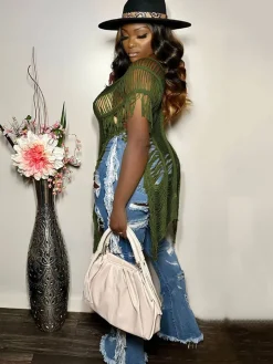 Sleeveless V Neck Tassel Cover Up Top