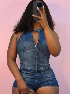 Sleeveless Zip Front Cutout Denim Romper