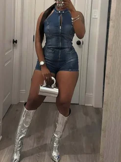 Sleeveless Zip Front Cutout Denim Romper