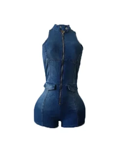 Sleeveless Zip Front Cutout Denim Romper