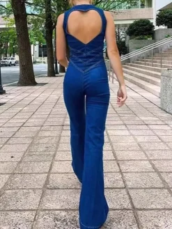 Sleeveless Zip Heart Cutout Denim Jumpsuit