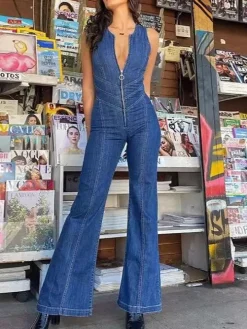 Sleeveless Zip Heart Cutout Denim Jumpsuit