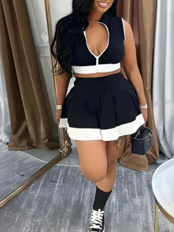 Sleeveless Zip-Up Crop Top Pleated Skirt Set