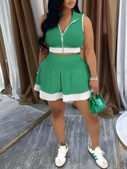 Sleeveless Zip-Up Crop Top Pleated Skirt Set