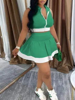 Sleeveless Zip-Up Crop Top Pleated Skirt Set