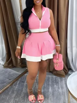 Sleeveless Zip-Up Crop Top Pleated Skirt Set