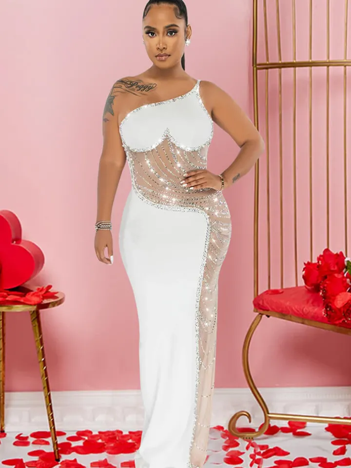 Sleevelesss Rhinestone Mesh Patchwork Maxi Dress