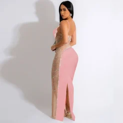 Sleevelesss Rhinestone Mesh Patchwork Maxi Dress