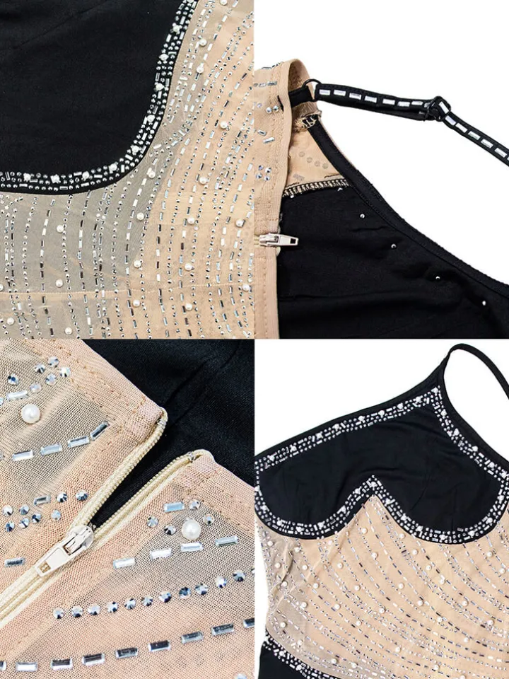 Sleevelesss Rhinestone Mesh Patchwork Maxi Dress