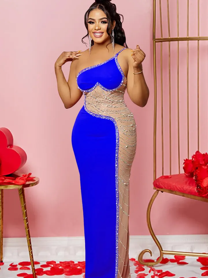 Sleevelesss Rhinestone Mesh Patchwork Maxi Dress