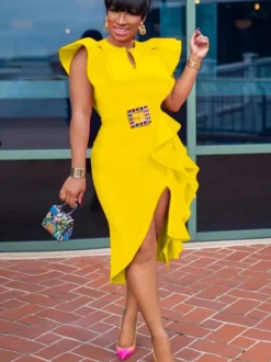 Sleevelesss Ruffle Patchwork Bodycon Midi Dress