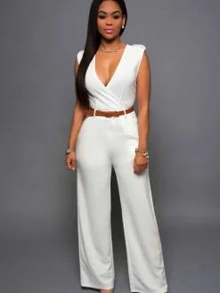 Sleevelesss V Neck Solid Wide Leg Jumpsuit
