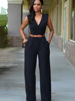 Sleevelesss V Neck Solid Wide Leg Jumpsuit