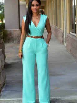 Sleevelesss V Neck Solid Wide Leg Jumpsuit