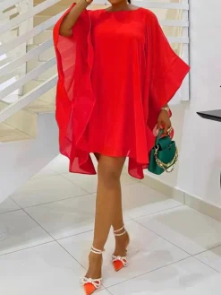 Solid Chiffon Cape Overlay Dress