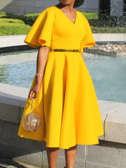 Solid Color Bell Sleeve V-Neck Flared Dress