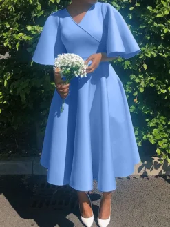 Solid Color Bell Sleeve V-Neck Flared Dress