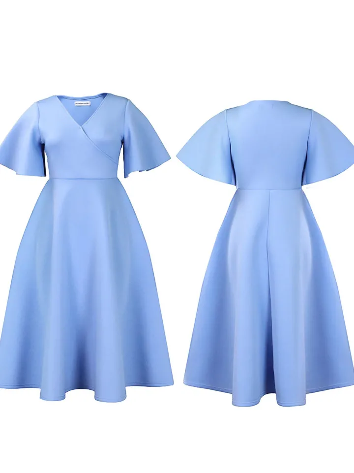 Solid Color Bell Sleeve V-Neck Flared Dress