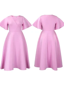 Solid Color Bell Sleeve V-Neck Flared Dress