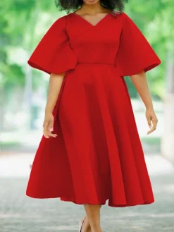 Solid Color Bell Sleeve V-Neck Flared Dress