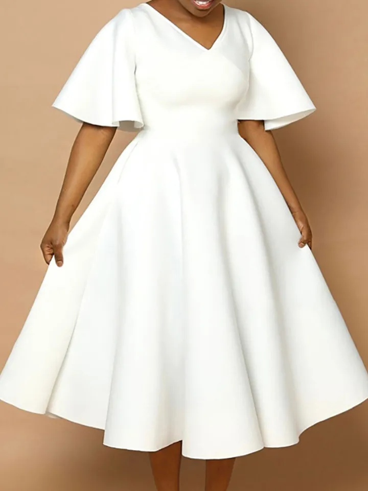 Solid Color Bell Sleeve V-Neck Flared Dress