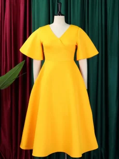 Solid Color Bell Sleeve V-Neck Flared Dress