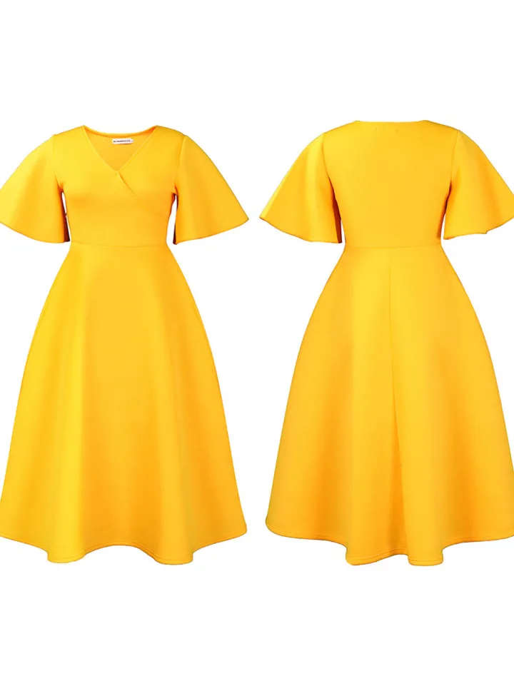 Solid Color Bell Sleeve V-Neck Flared Dress