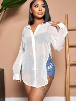 Solid Color Button Down Chiffon Shirts