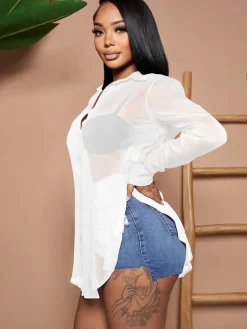 Solid Color Button Down Chiffon Shirts