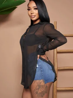 Solid Color Button Down Chiffon Shirts