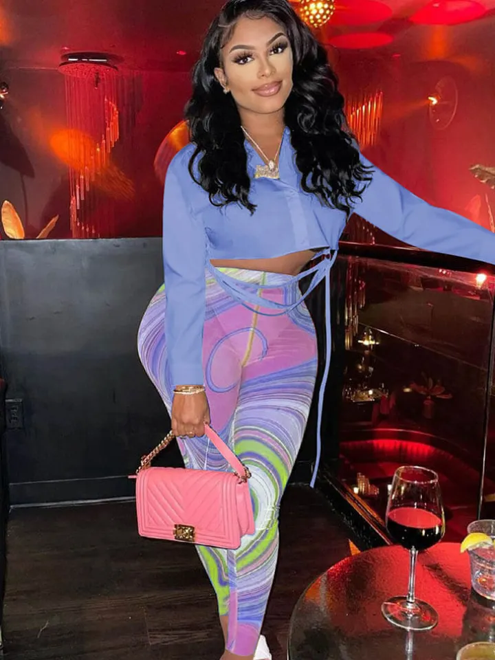 Solid Color Crop Top Floral Print Pants