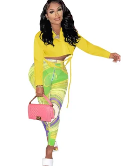 Solid Color Crop Top Floral Print Pants