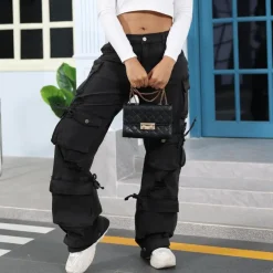 Solid Color Flap Pocket Loose Denim Pants