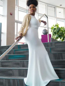 Solid Color Glitter Long Puff Sleeve Fishtail Maxi Dress