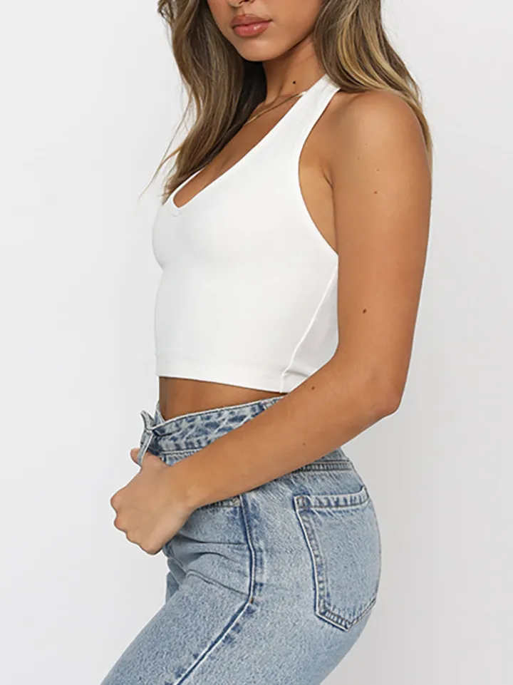 Solid Color Halter Neck Crop Top