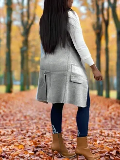 Solid Color Lapel Sleeveless Button Down Vest Jacket