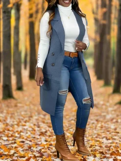 Solid Color Lapel Sleeveless Button Down Vest Jacket