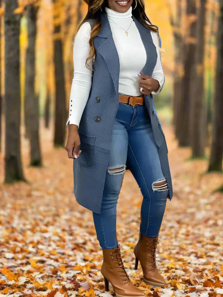 Solid Color Lapel Sleeveless Button Down Vest Jacket