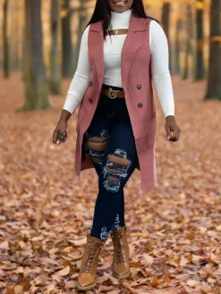 Solid Color Lapel Sleeveless Button Down Vest Jacket