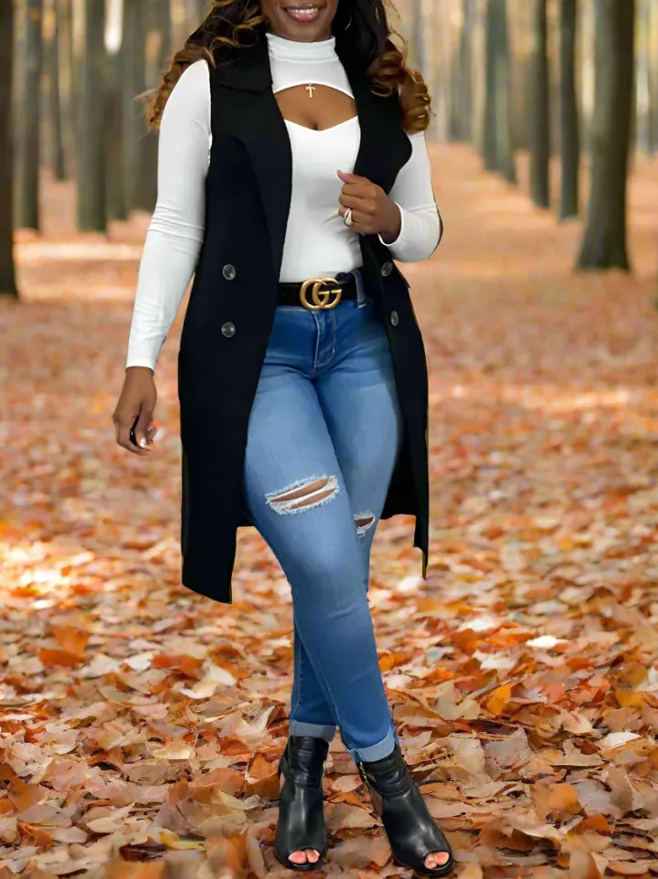 Solid Color Lapel Sleeveless Button Down Vest Jacket