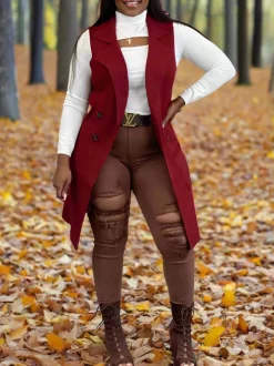 Solid Color Lapel Sleeveless Button Down Vest Jacket