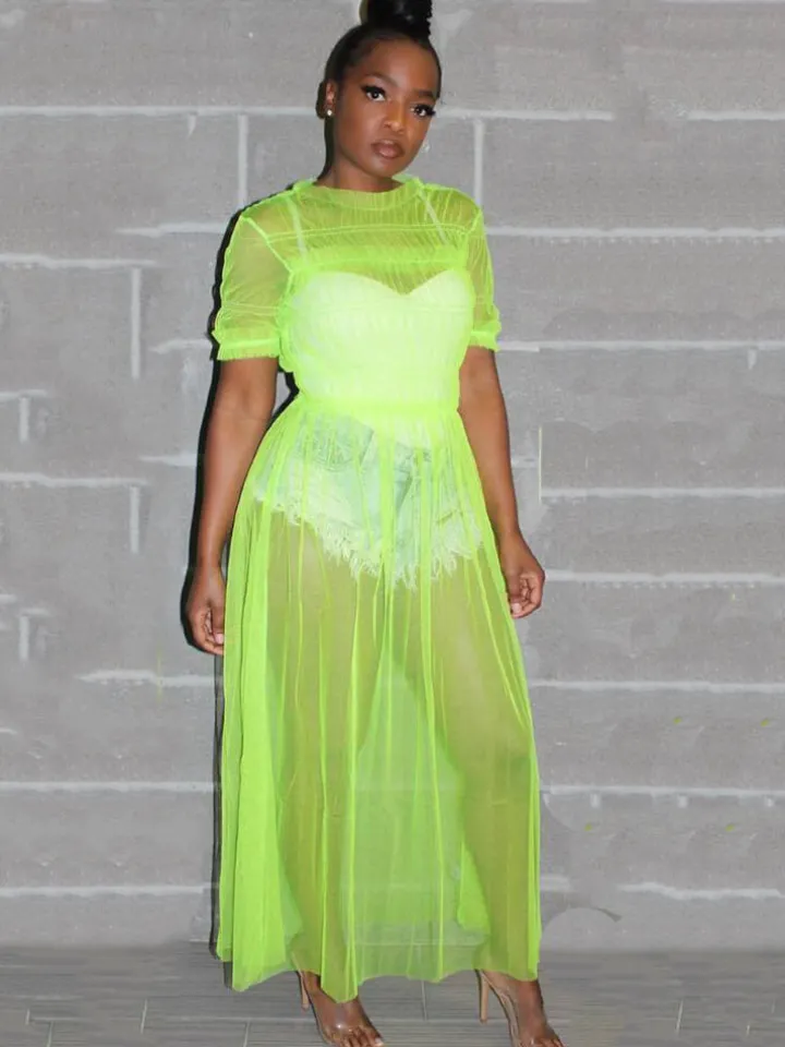 Solid Color Mesh Ruched Maxi Dress Cover Up