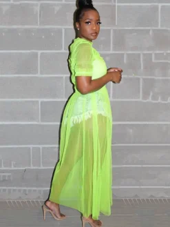 Solid Color Mesh Ruched Maxi Dress Cover Up