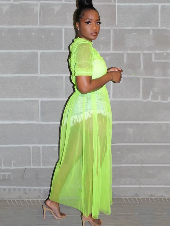 Solid Color Mesh Ruched Maxi Dress Cover Up