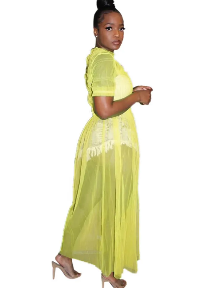 Solid Color Mesh Ruched Maxi Dress Cover Up