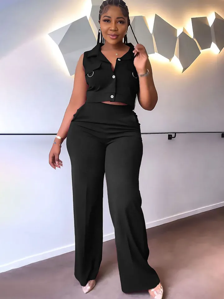 Solid Color Polo Neck Vest Long Pants Set
