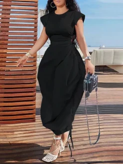 Solid Color Puff Sleeve Drawstring Waist Dress