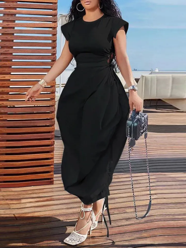 Solid Color Puff Sleeve Drawstring Waist Dress