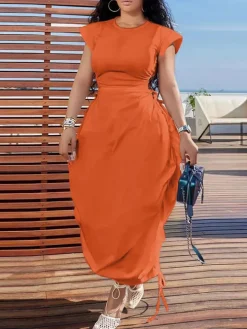 Solid Color Puff Sleeve Drawstring Waist Dress